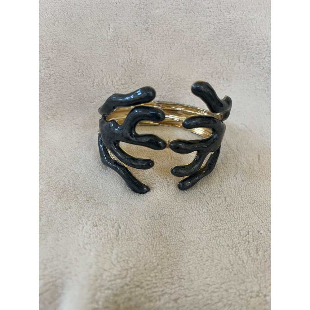 Black Enamel Gold Tone Coral Branch Hinged Cuff Bracelet Statement Jewelry